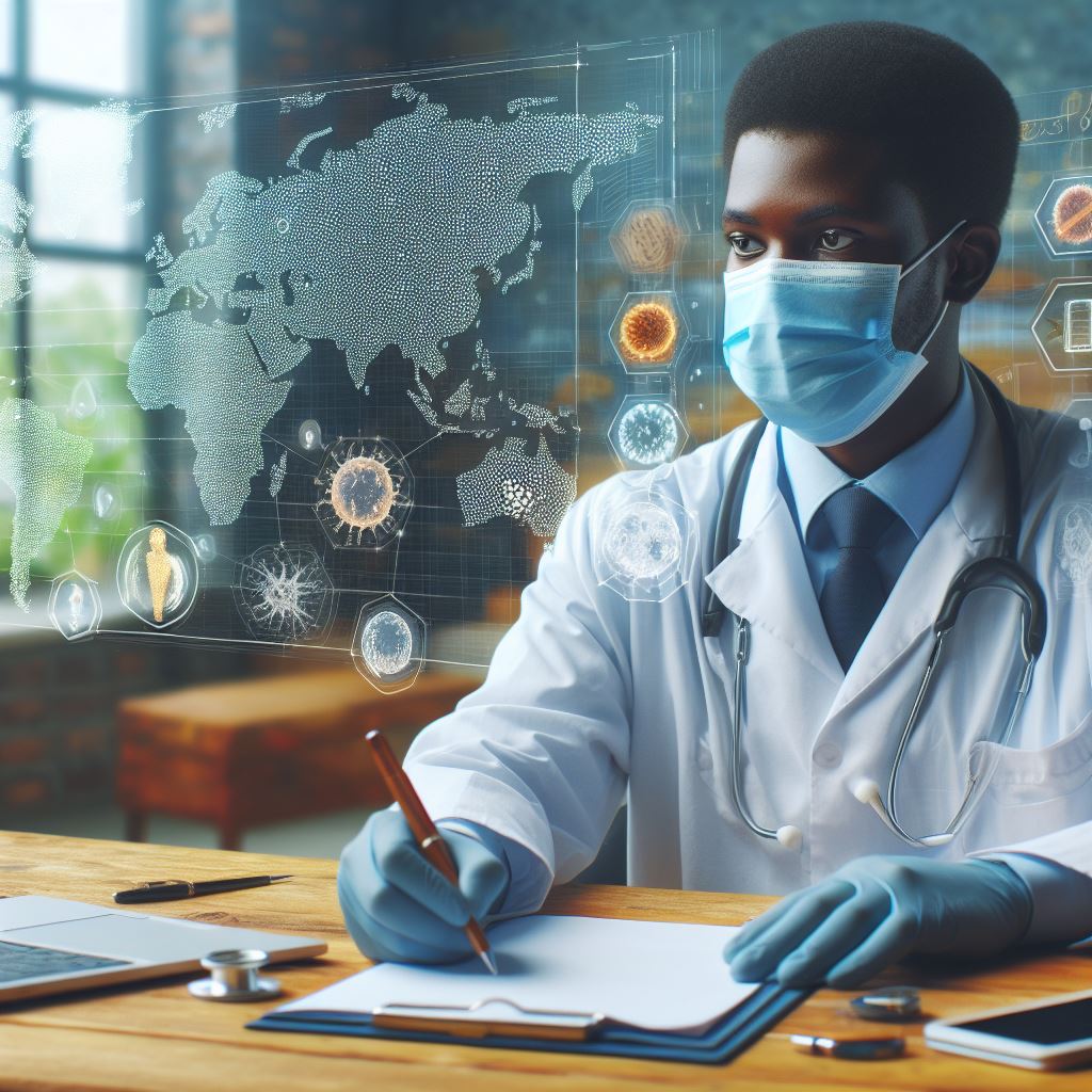 Image générée par l'IA, illustration d'un médecin qui fait des recherches en médecine.